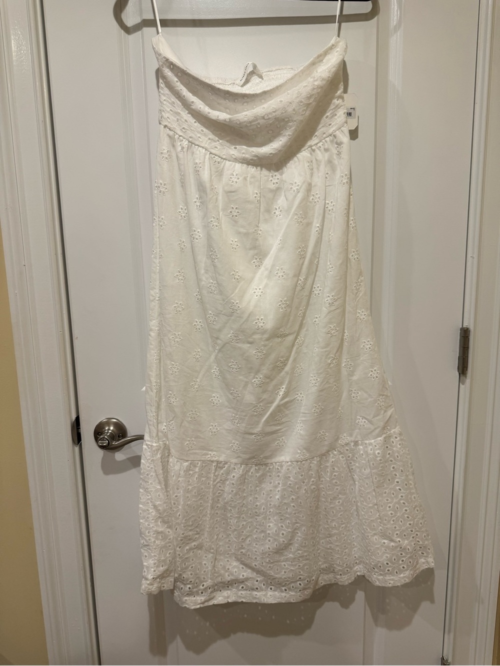 White Eyelet Midi Dress with Strapless Neckline